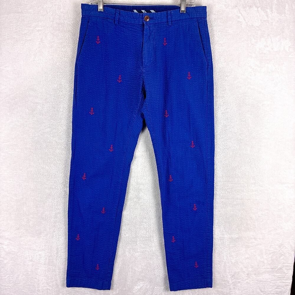 Brooks Brothers Pants Mens 32x32 Blue Seersucker Red Anchor Preppy Luxury